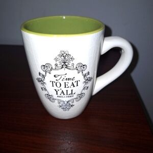 A Paula Deen Rooster print coffee/tea cup. Crackled glass design. MW/DW safe.